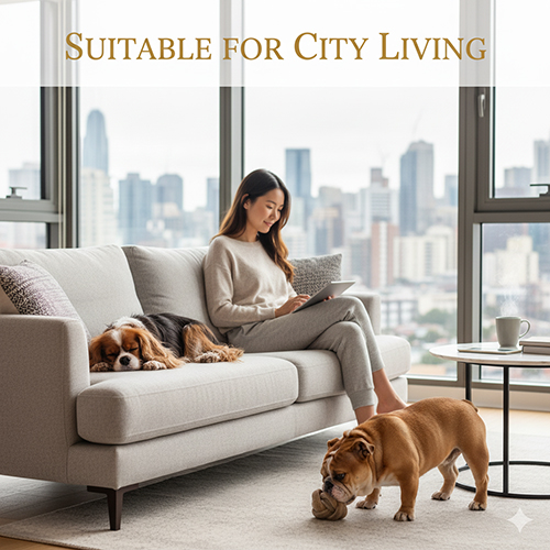 Người phụ nữ làm việc trong căn hộ hiện đại cùng hai chú chó Anh, Bulldog đi dạo quanh và Cavalier nằm nghỉ trên sofa