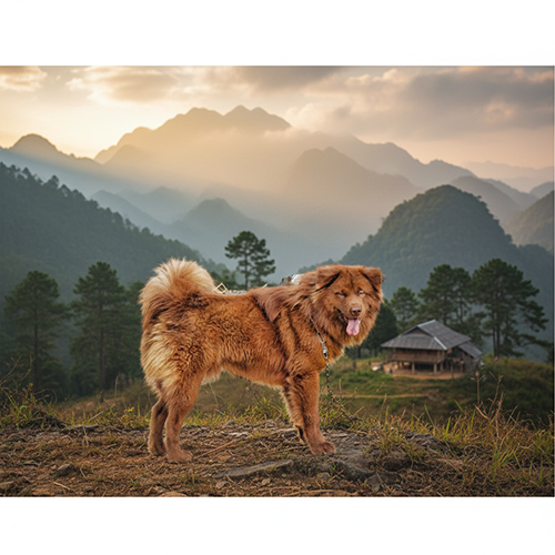 Chó Bắc Hà lông dày màu nâu đỏ đứng giữa núi rừng Tây Bắc – giống chó săn và giữ nhà biểu tượng của vùng cao Việt Nam 🇻🇳🐕