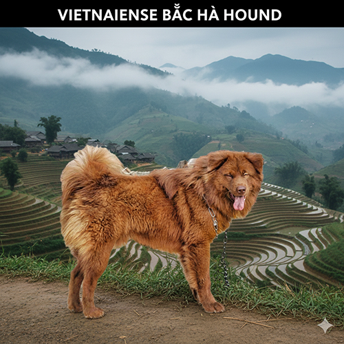 Ảnh chó Bắc Hà đứng trên nền ruộng bậc thang vùng núi, lông dày và dáng mạnh mẽ