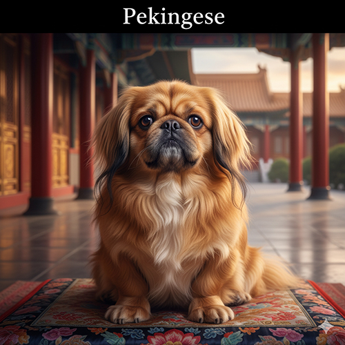 Chó Bắc Kinh Pekingese lông dài màu vàng nâu ngồi trên đệm thêu trong cung điện cổ Trung Hoa