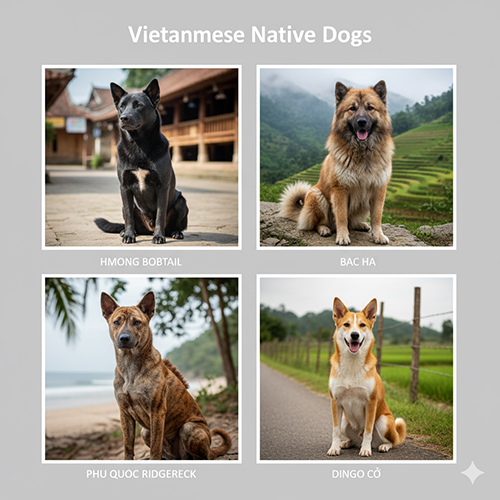 Ảnh minh họa bốn giống chó bản địa Việt Nam gồm H’Mông cộc đuôi, Bắc Hà, Phú Quốc ridgeback và Dingo Cổ trong khung cảnh tự nhiên.