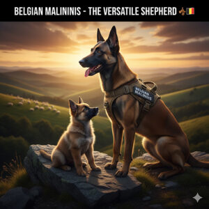 Ảnh chó Béc Bỉ Malinois trưởng thành và cún con đứng trên đồi, giống chó chăn cừu Bỉ đa năng