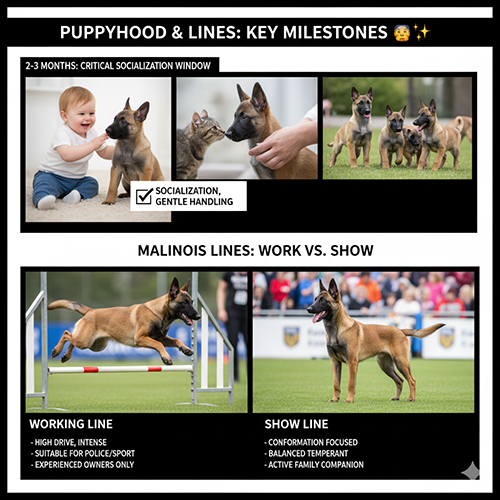 Infographic chó Béc Bỉ Malinois con với các mốc 2–3 tháng tuổi và phân biệt working line, show line