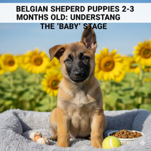 Chó Becgie Bỉ con 2–3 tháng ngồi trên ổ mềm ngoài trời, phía sau là cánh đồng hoa hướng dương, đồ ăn và đồ chơi đặt cạnh.