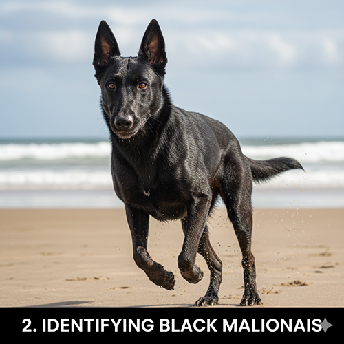 Chó Becgie Bỉ lông đen chạy trên bãi biển, thân hình gọn và linh hoạt