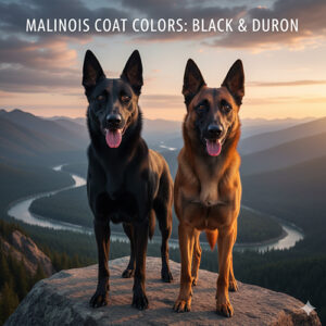 Ảnh hai chó Becgie Bỉ màu đen và duron đứng trên mỏm đá, nhìn thẳng máy ảnh dưới hoàng hôn