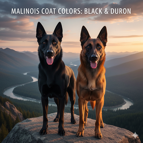 Ảnh hai chó Becgie Bỉ màu đen và duron đứng trên mỏm đá, nhìn thẳng máy ảnh dưới hoàng hôn