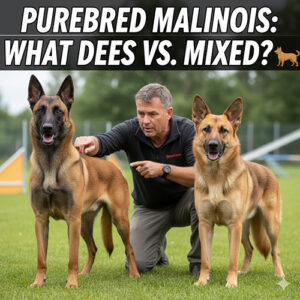 Hai chó Becgie Bỉ thuần chủng đứng cạnh huấn luyện viên trên sân cỏ, minh họa cách nhận biết Malinois chuẩn