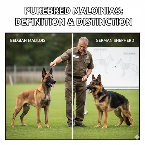 So sánh chó Becgie Bỉ Malinois và Bec Đức đứng cạnh huấn luyện viên để minh họa sự khác biệt thuần chủng