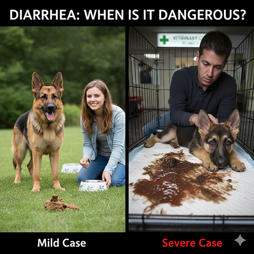 So sánh chó Becgie bị tiêu chảy nhẹ và tiêu chảy nặng cần đưa đi thú y