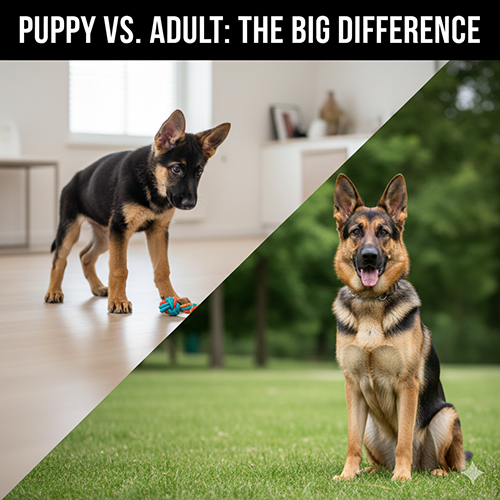 so sánh chó Becgie con trong nhà và Becgie trưởng thành ngồi ngoài trời, thể hiện rõ sự khác biệt về kích thước và dáng vóc