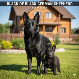 Ảnh chó Becgie đen tuyền đứng cạnh chó con trước sân nhà