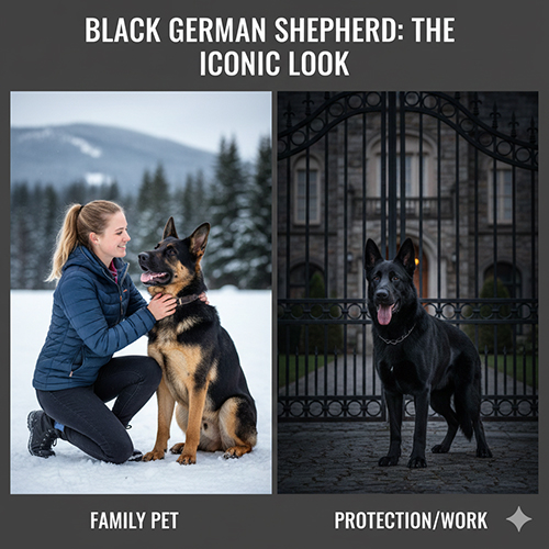 Hai chú Becgie màu đen và đen–vàng được chụp trong bối cảnh khác nhau để thể hiện sự khác biệt giữa đen tuyền và đen pha vàng.