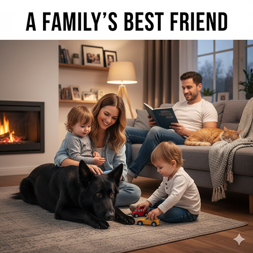 Ảnh chó Becgie đen nằm chơi cùng trẻ nhỏ trong phòng khách ấm cúng