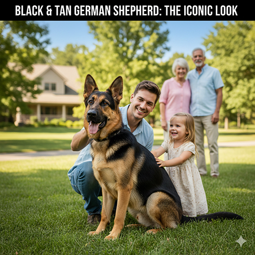 Một chú Becgie Đức màu đen–vàng ngồi cạnh gia đình trong sân vườn, thể hiện dáng vẻ thân thiện và màu lông kinh điển.