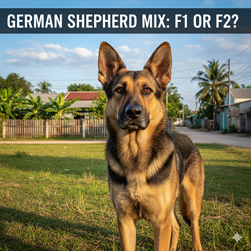 Hình ảnh chó Becgie lai chó ta đứng ngoài sân, ngoại hình khỏe mạnh, tai dựng, dáng cảnh giác.