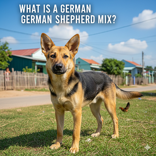 Hình ảnh chó Becgie lai chó ta đứng trên bãi cỏ, tai dựng, thân hình thon gọn và cảnh giác.