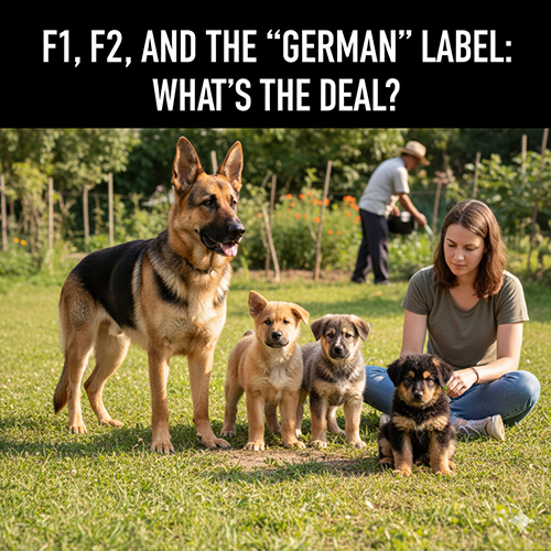 Hình ảnh một chú Becgie cùng đàn cún lai F1/F2 đang ngồi trên bãi cỏ cạnh người chăm, ngoại hình mỗi bé khác nhau.