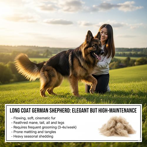 Becgie lông dài chạy chơi ngoài đồng cỏ, lông bay mềm mại kèm ví dụ lượng lông rụng theo mùa