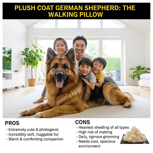 Becgie lông xù nằm trong nhà bên cạnh gia đình, lông dày phồng và lượng lông rụng lớn thể hiện rõ