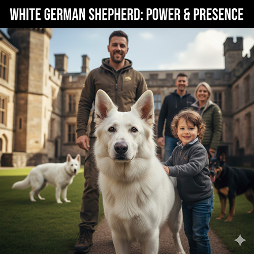 Chó Becgie trắng đứng cùng gia đình, thể hiện sắc lông trắng nổi bật và ngoại hình chuẩn form Becgie Đức.