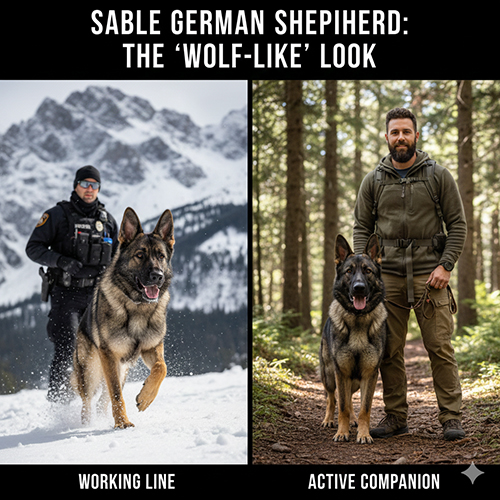 Hai chú Becgie màu xám/sable xuất hiện trong môi trường tuyết và rừng, thể hiện dáng vẻ mạnh mẽ mang phong thái “giả sói”.