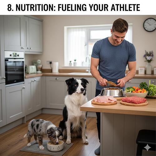 Border Collie đứng cạnh quầy bếp trong khi chủ chuẩn bị thức ăn tươi và hạt cho chó