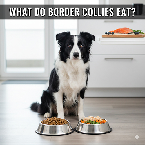 chó border collie ngồi trước bát thức ăn hạt và đồ ăn tươi minh họa chế độ ăn hợp lý cho border collie