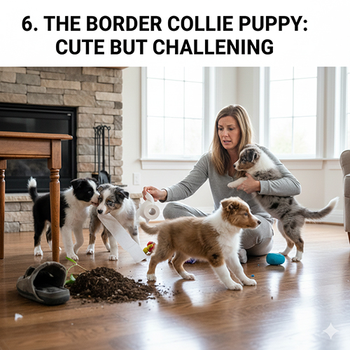 Border Collie con nghịch ngợm trong nhà, cắn giấy và làm bừa bộn sàn gỗ