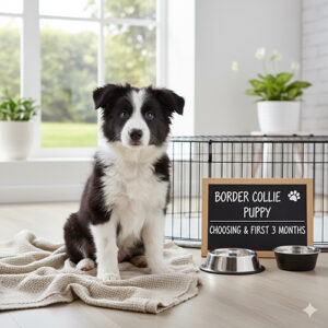 Chó Border Collie con ngồi trước chuồng, cạnh bảng hướng dẫn chọn bé và chăm sóc 3 tháng đầu