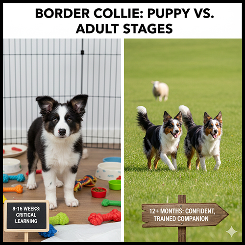 So sánh Border Collie con và Border Collie trưởng thành theo từng giai đoạn phát triển