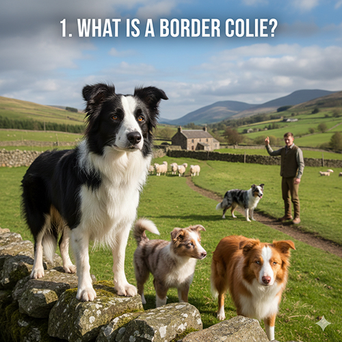 Chó Border Collie đứng trên bờ tường đá nhìn máy ảnh, phía sau là đàn cừu và người chăn cừu