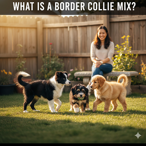 Ba chú chó Border Collie lai đang chơi đùa trong sân vườn cùng một người phụ nữ quan sát phía sau, minh họa khái niệm Border Collie lai và lý do chúng được ưa chuộng.
