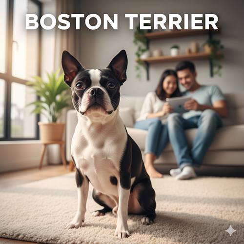 Chó Boston Terrier – chú chó nhỏ mặt hề đáng yêu ngồi trong phòng khách cùng cặp đôi trẻ phía sau, biểu cảm thân thiện và thông minh.