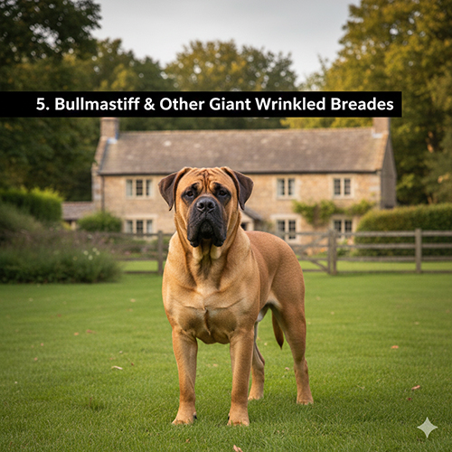 Chó Bullmastiff mặt nhăn to đứng trong sân vườn rộng