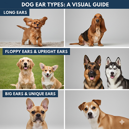 Hình ảnh tổng hợp nhiều kiểu tai chó: tai dài, tai cụp, tai dựng, tai to và tai lệch để minh họa phân loại