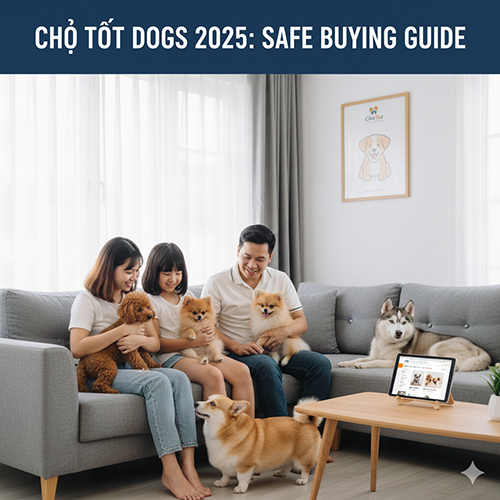 Chó cảnh mua bán trên Chợ Tốt – gia đình nuôi chó trong nhà, minh họa cách chọn chó an toàn
