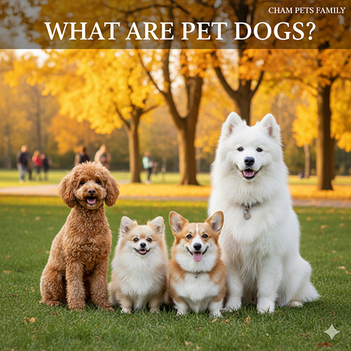Các giống chó cảnh phổ biến như Poodle, Phốc Sóc, Corgi và Samoyed ngồi trên thảm cỏ mùa thu