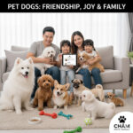 Gia đình hạnh phúc cùng nhiều giống chó cảnh như Corgi, Poodle, Samoyed và Pug trong phòng khách ấm cúng