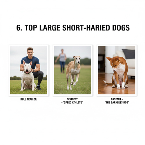 Hình ảnh các giống chó lông ngắn cỡ lớn như Bull Terrier, Whippet và Basenji