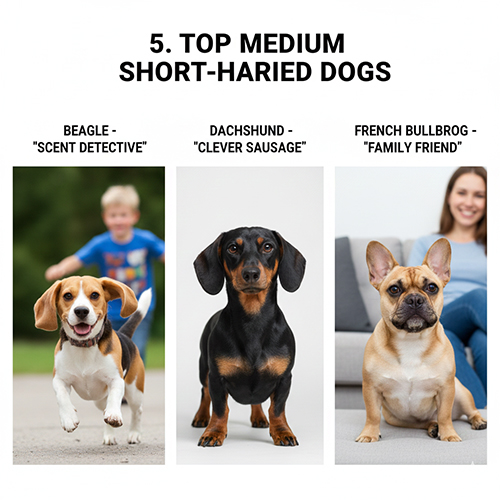 Hình ảnh các giống chó cảnh lông ngắn tầm trung như Beagle, Dachshund và Bull Pháp