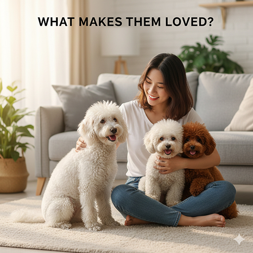 Chó cảnh lông xù như Poodle và Bichon được ôm ấp trong không gian gia đình