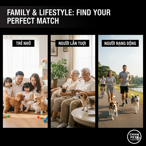 Ba khung cảnh minh họa chó cảnh sống cùng trẻ nhỏ, người lớn tuổi và người năng động ngoài trời