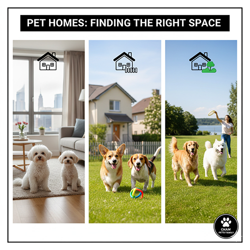 Ba khung cảnh minh họa chó cảnh sống ở chung cư, nhà phố và sân vườn với các giống như Poodle, Corgi và Golden Retriever