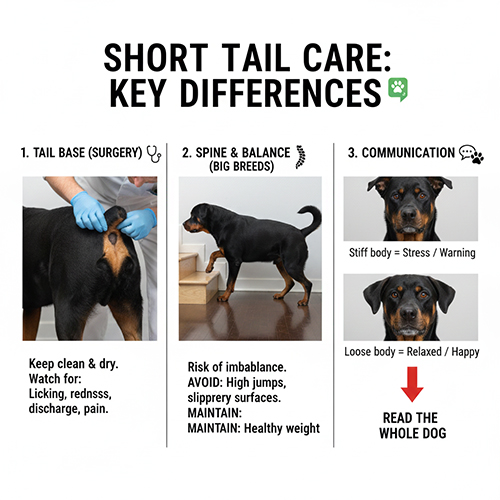 Hướng dẫn chăm sóc chó cụt đuôi: vùng gốc đuôi, cột sống và giao tiếp