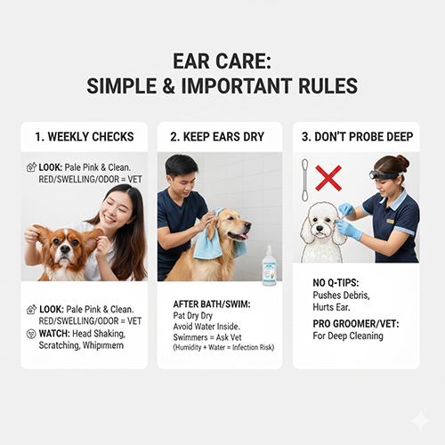Hình ảnh minh họa các nguyên tắc chăm sóc tai cho chó: kiểm tra hàng tuần, giữ tai khô và không ngoáy sâu