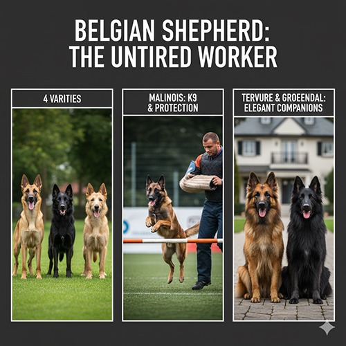 Hình minh họa bốn dòng Belgian Shepherd và Malinois trong vai trò làm việc, huấn luyện và đồng hành