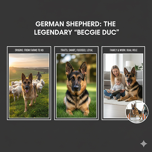 Hình ảnh chó chăn cừu Đức trong vai trò làm việc và gia đình, minh họa nguồn gốc, ngoại hình và tính khí của giống