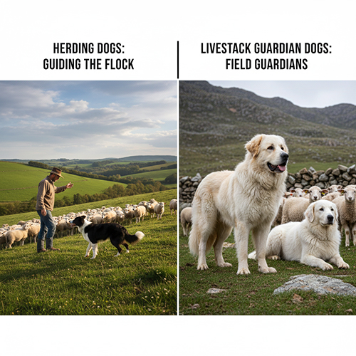 So sánh chó chăn gia súc điều khiển đàn và chó bảo vệ gia súc canh giữ đàn ngoài đồng