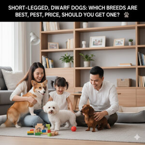 Gia đình đang vui đùa cùng ba giống chó chân ngắn trong phòng khách – minh họa bài viết về chó lùn, chó chân ngắn